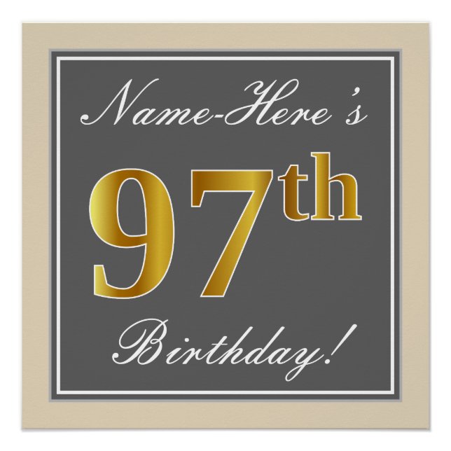 Elegant, Grey, Faux Gold 97th Birthday + Name Poster (Front)