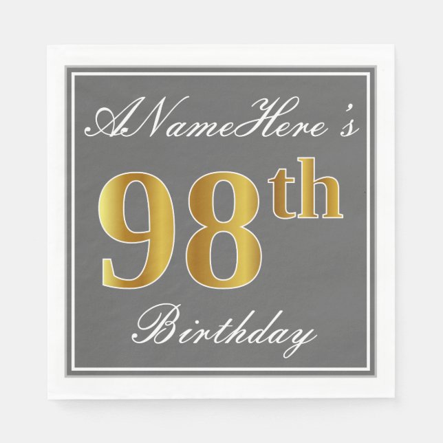 Elegant Grey, Faux Gold 98th Birthday; Custom Name Napkin (Front)