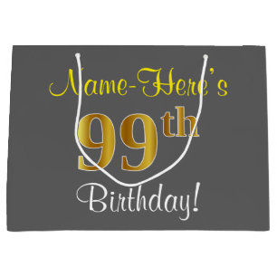 Elegant, Grey, Faux Gold 99th Birthday + Name Large Gift Bag