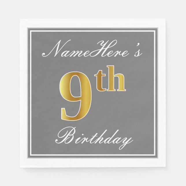 Elegant Grey, Faux Gold 9th Birthday + Custom Name Napkin (Front)