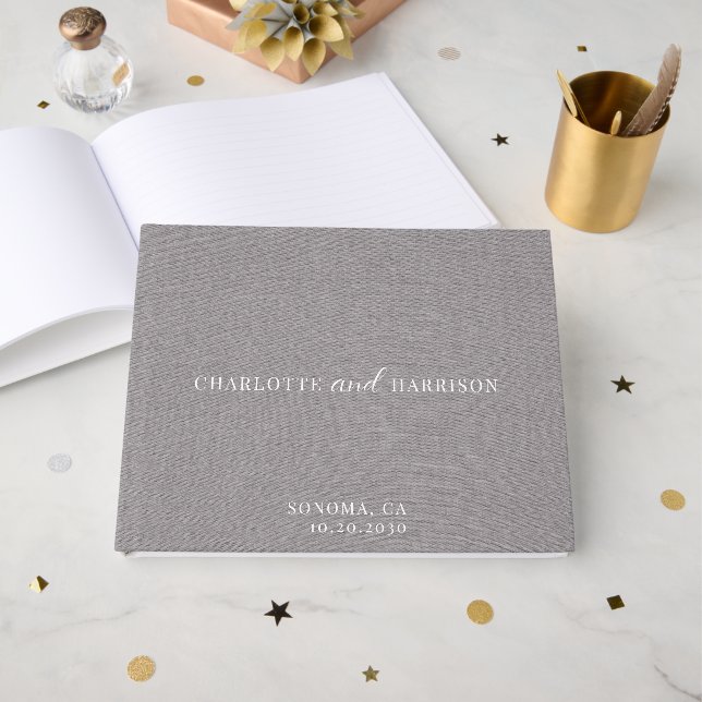Elegant Grey Faux Linen Monogram Guest Book (Front Open)