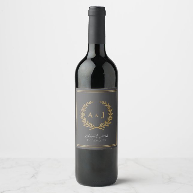 Elegant Grey Floral Crest Monogram Wedding Wine Label (Front)