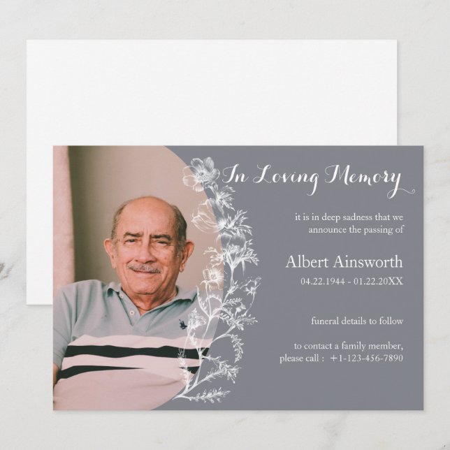 Elegant Grey Floral Funeral Memorial Announcement (Front/Back)