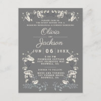 Elegant grey floral postcard rehearsal dinner