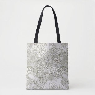 Elegant Grey Floral Toile Tote Bag