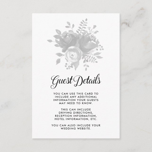 Elegant Grey Floral Wedding Guest Details Enclosure Card (Front)