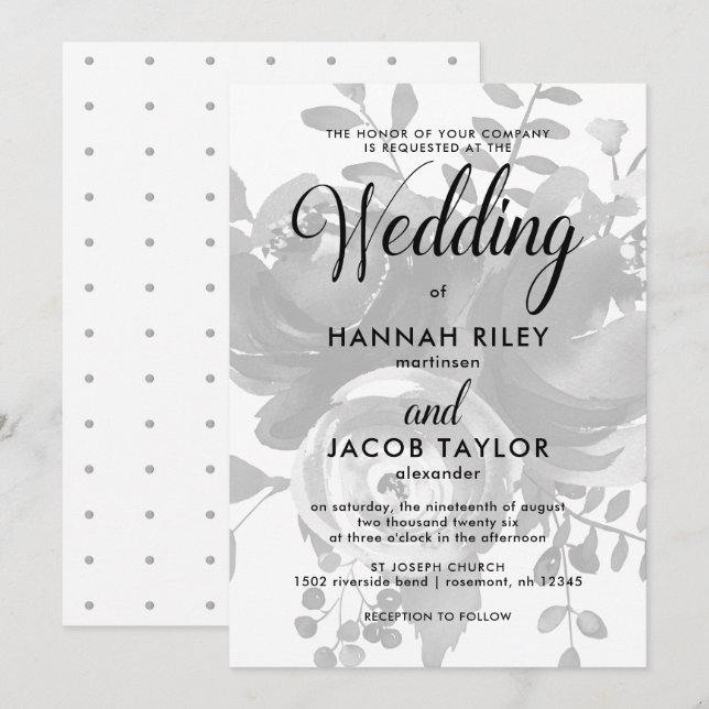 Elegant Grey Floral with Dots Wedding Invitation (Front/Back)