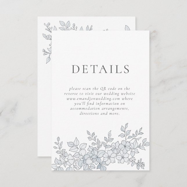 Elegant Grey Florals QR Code Wedding Details Enclosure Card (Front/Back)