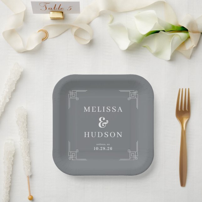 Elegant Grey Geometric Lines Paper Plate (Wedding)