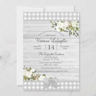 Elegant Grey Gingham Floral Baby Shower Invitation