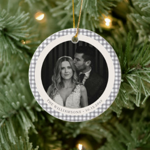 Elegant Grey Gingham Wedding Photo Holiday Couple Ceramic Ornament