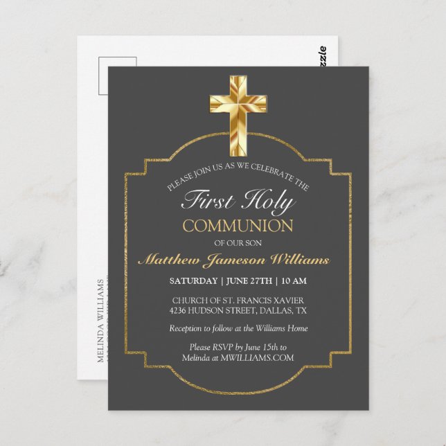 Elegant Grey Gold 1st Holy Communion Invitation Postcard (Front/Back)