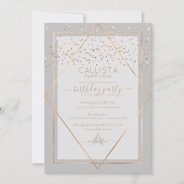Elegant Grey Gold Confetti Border Birthday Invitation (Front)