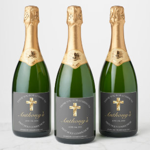 Elegant Grey Gold Cross 1st Communion Sparkling Wine Label
