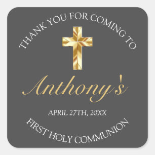 Elegant Grey Gold Cross 1st Communion  Square Sticker