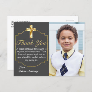 Elegant Grey Gold Cross 1st Communion Thank You Postcard