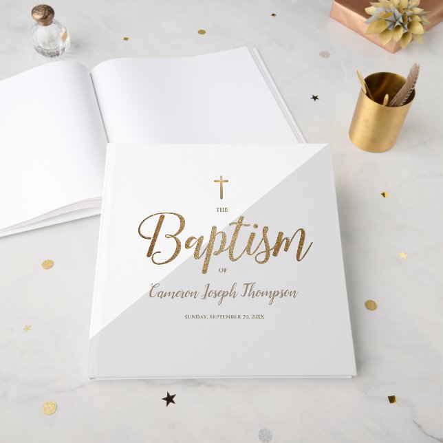 Elegant Grey  gold Cross Baby Custom Baptism Guest Book (Front Open)