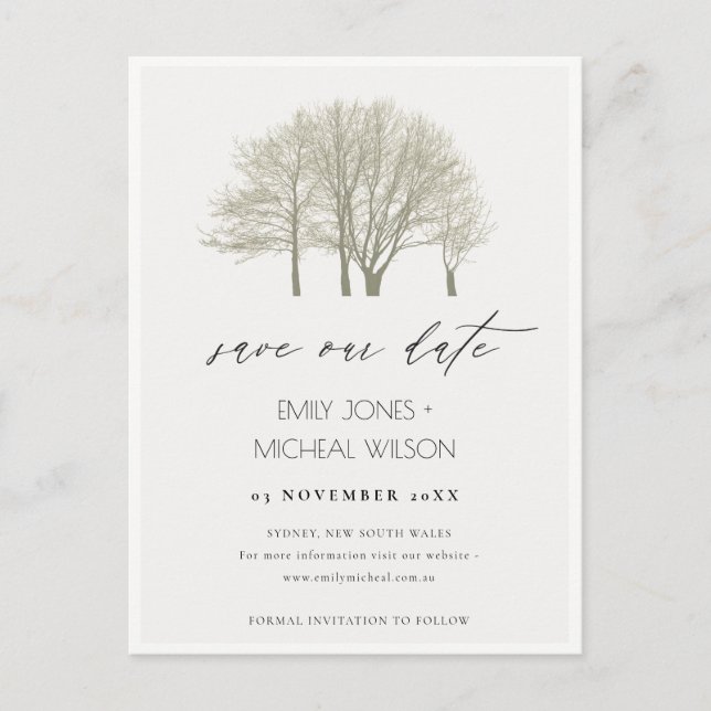 ELEGANT GREY GOLD FALL AUTUMN TREES SAVE THE DATE ANNOUNCEMENT POSTCARD (Front)
