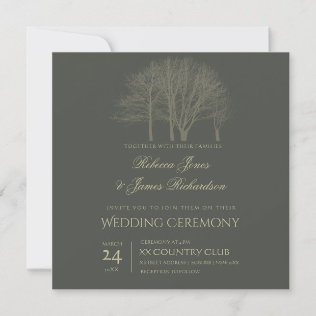 ELEGANT GREY GOLD FALL AUTUMN TREES wedding card (Front)