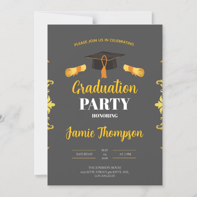 Elegant Grey & Gold Graduation Party Invitation (Front)