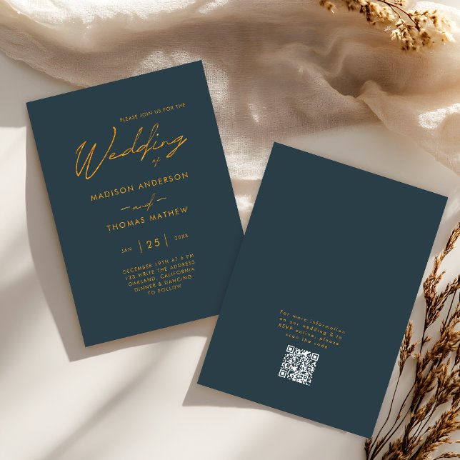 Elegant Grey Gold Modern Typography RSVP Wedding Invitation (Front / Back)
