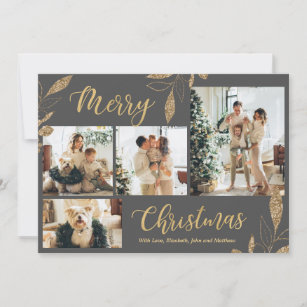 Elegant Grey Gold Photo Collage Christmas Card