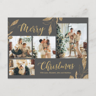 Elegant Grey Gold Photo Collage Christmas Postcard