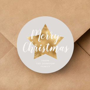 Elegant Grey Gold Star Christmas  Classic Round Sticker