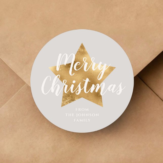 Elegant Grey Gold Star Christmas  Classic Round Sticker (Elegant Gray Gold Star Christmas Classic Round Sticker)