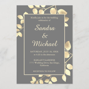 Elegant grey golden leaves wedding invitation