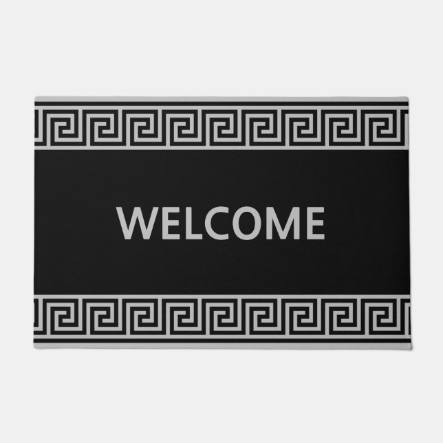 Elegant Grey Greek Pattern on Black Doormat (Front)