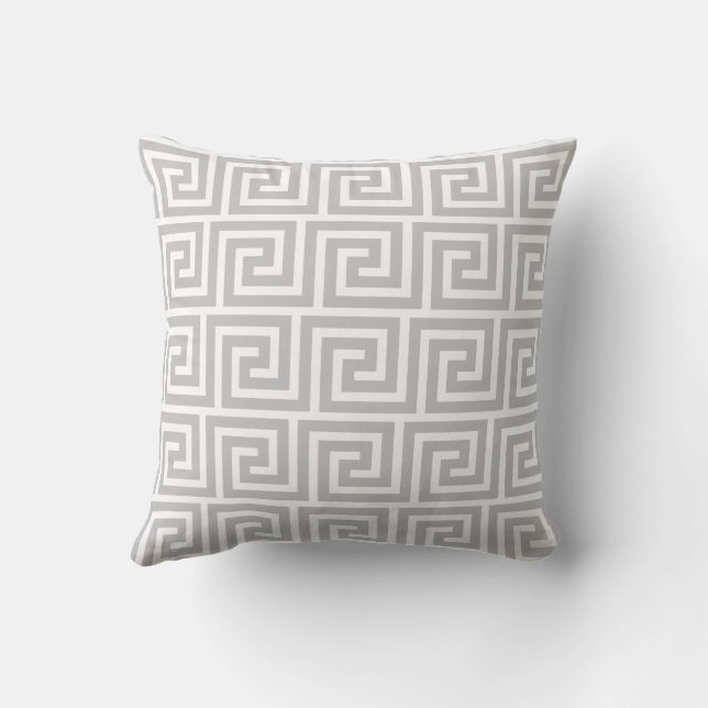 Elegant Grey Greek Pattern on White Throw Pillow (Back)