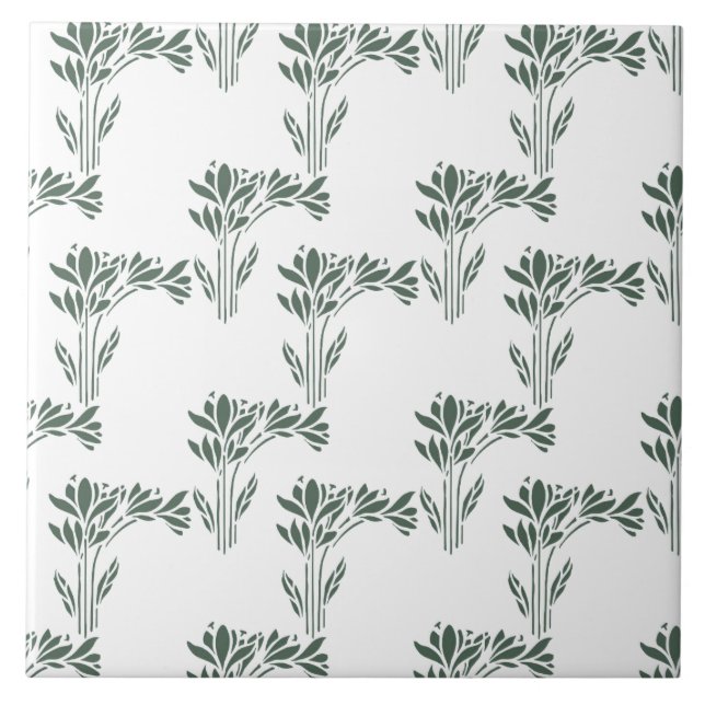Elegant Grey-Green Botanical Pattern  Ceramic Tile (Front)