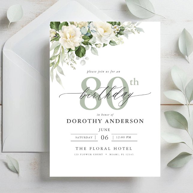 Elegant Grey Green Floral 80th Birthday Invitation (Creator Uploaded)