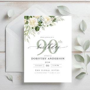 Elegant Grey Green Floral 90th Birthday Invitation