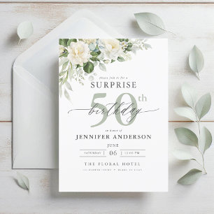 Elegant Grey Green Floral Surprise Birthday Invitation