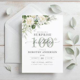 Elegant Grey Green Floral Surprise Birthday Invitation