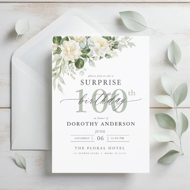 Elegant Grey Green Floral Surprise Birthday Invitation (Creator Uploaded)