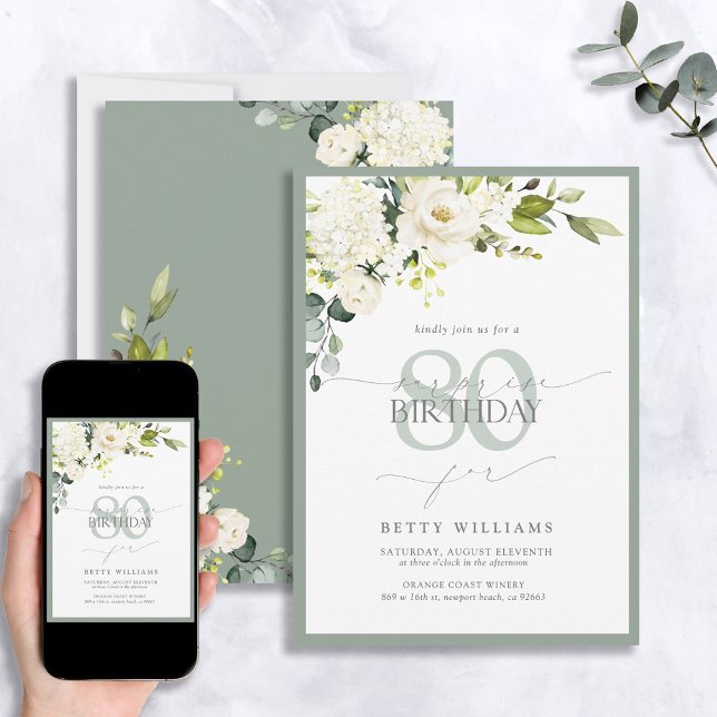 Elegant Grey Green Floral Surprise Birthday Invitation (Creator Uploaded)