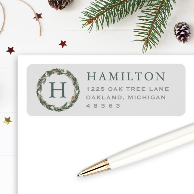 Elegant Grey Green Pine Wreath Return Address Label (Creator Uploaded)