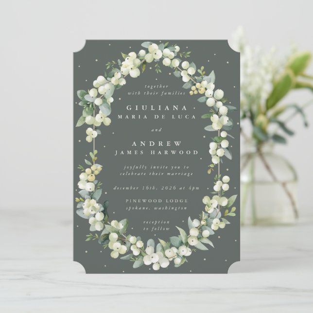 Elegant Grey Green Snowberry+Eucalyptus Wedding Invitation (Standing Front)