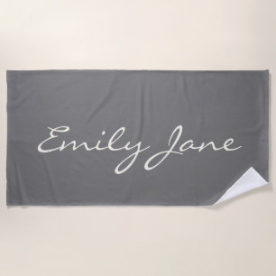 Elegant Grey Handwritten Script Name Custom Beach Towel