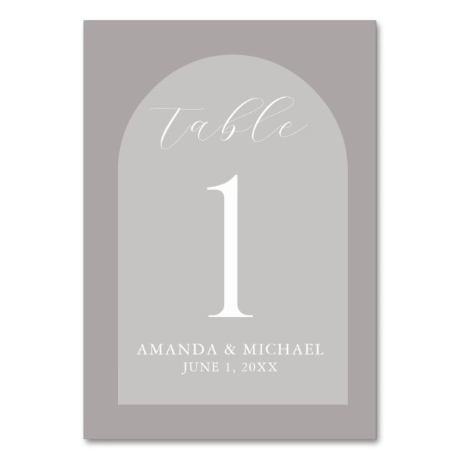 Elegant Grey Hues Arched Wedding Table Cards (Front)