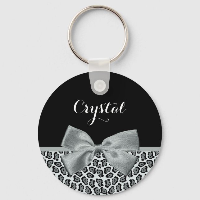 Elegant Grey Jaguar Print Pretty Name Silver Bow Key Ring (Front)