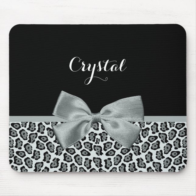 Elegant Grey Jaguar Print Pretty Name Silver Bow Mouse Pad (Front)