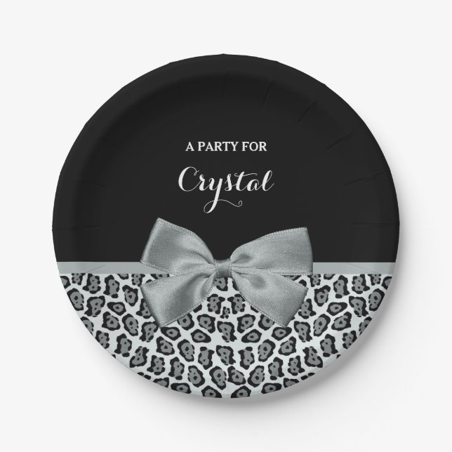 Elegant Grey Jaguar Print Pretty Name Silver Bow Paper Plate (Front)