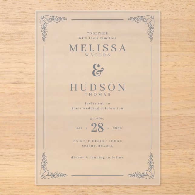 Elegant Grey Leafy Branches Acrylic Invitations (Front)
