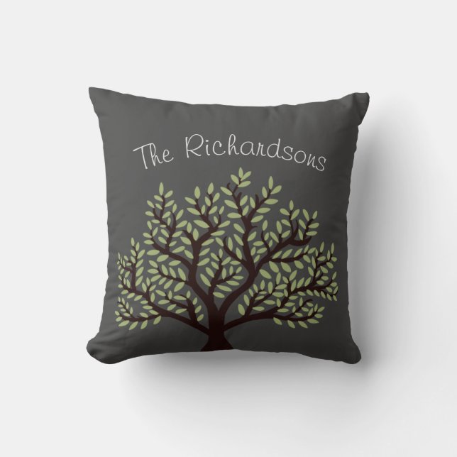 Elegant Grey & Leafy Green Tree Family Name Cushion (Front)