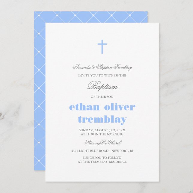 Elegant Grey & Light Blue Cross Baptism Invitation (Front/Back)