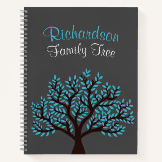 Elegant Grey Light Blue Leaf Family Tree Genealogy Notebook